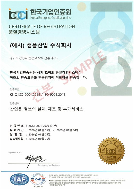 ISO 9001 品質マネジメントシステム 見本（例示）認証書